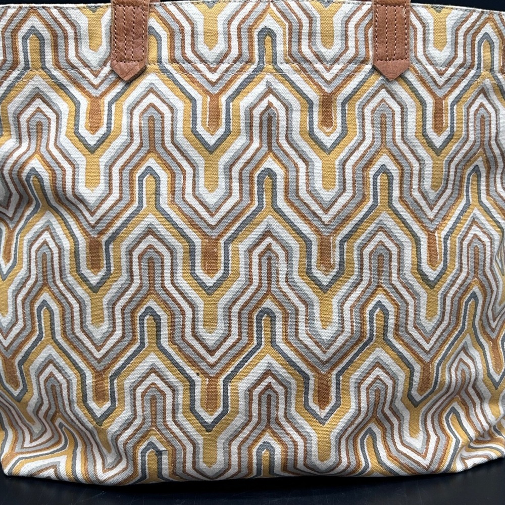 Joyn Purse‎ Tote Cotton With Leather Straps Yellow Geometric  Medium bohemian - Picture 2 of 9